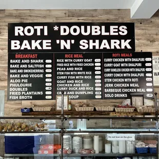the menu for roti doubles bake n shark