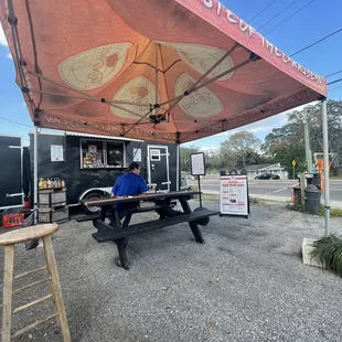 a man sitting at a picnic table
