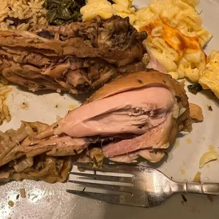 Stewed Chicken platter with peas &amp; rice, stewed spinach &amp; macaroni.