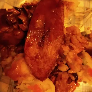 Trinidad Golden Place BBQ chicken dinner including plantain. It tasted way better than this pic I grabbed when I was almost finished.