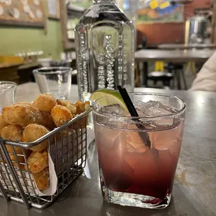 Beer battered cheese curds and cherry margarita