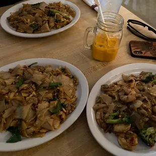 Pad See Ew (Shrimp and Chicken) Pad Kee Mow (Chicken) Thai Tea Thai Coffee