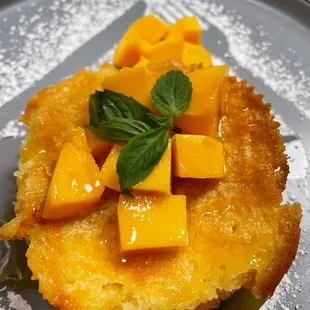 Brown Butter Cake with fresh mango, ready to serve!