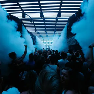a crowd of people standing in a smoke tunnel