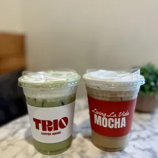 Iced Matcha Latte with Coconut Cold Foam and Iced Americano with Vanilla Cold Foam