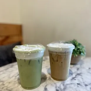 Iced Matcha Latte with Coconut Cold Foam and Iced Americano with Vanilla Cold Foam