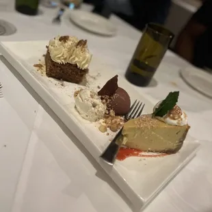 Carrot cake, Key Lime Pie, chocolate hazelnut mousse