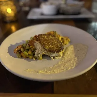 Crab cake, mostly crab, little filler, and bonus: gluten free! Homemade remoulade and edamame/sweet potato succotash.