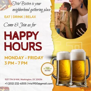 Don't miss Happy Hour! Mon-Fri, 3 PM-7 PM. Call +1 (202) 232-6305 to join the party!