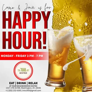 Elevate Your Palate, Elevate Your Mood! Join the culinary symphony at Trio Bistro DC's Happy Hour.