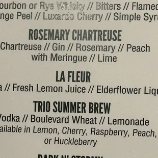 Craft cocktail menu