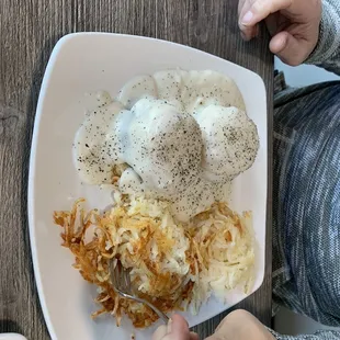 The Sausage Biscuits and Gravy was a home run!  The gravy was delicious. Sausage patties inside the biscuits covered in gravy.