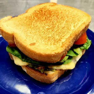 a sandwich on a blue plate