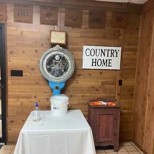 a table with a sign on it