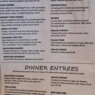 Sandwiches and Dinner Entrees