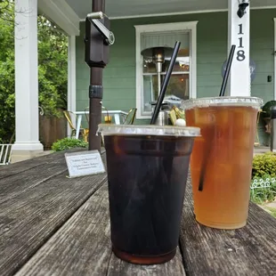 iced coffee and Parisian tea (half tea, half lemonade)