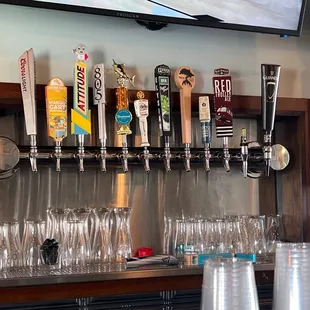 a row of beer taps