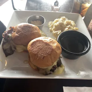 Fabulous French dip sliders and yummy potato salad. Au jus and horseradish too!