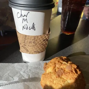 Butterscotch scone and Charcoal Mocha
