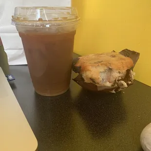 Double espresso with oat milk and cherry almond muffin