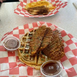 Omelette and chicken and waffles