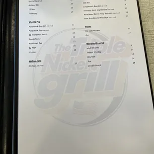 the menu for the triple nickel grill
