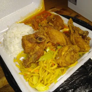 bland fried chicken along with pork guisantes...$10 total for their plates. 4.21.21