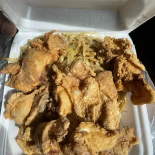 Pancit, 1/2 fried chicken, 1/2 garlic chicken. $10. CASH ONLY
