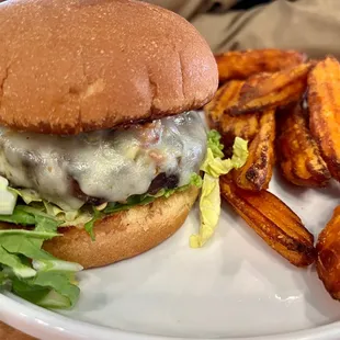 Burger and sweet potato fries