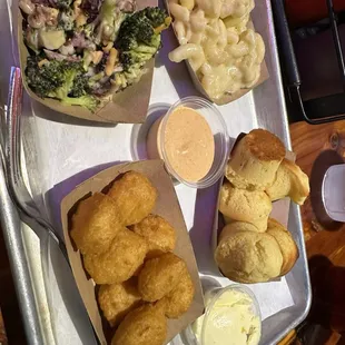 Gouda Mac &amp; cheese, broccoli salad, corn nuggets and cornbread.