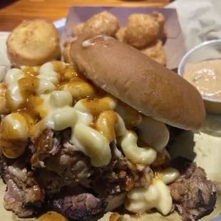 OMG ... Cardiac Stack (Pulled Pork, Brisket, Mac, sauces, and pickles) ... simply awesome! ... and terrific Corn Nuggets!!