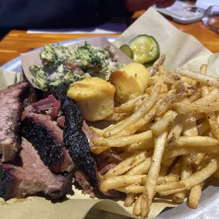 Amazing Brisket plate w/Broccoli Salad and Shoestring Fries.