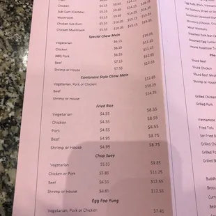 Paper copy of the take out menu