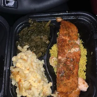 Yummy...Smoked Salmon/Rice, Mac and Cheese, Collards