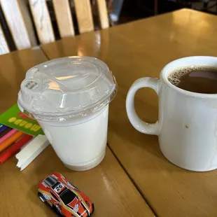 Coffee and steamed milk for toddler.