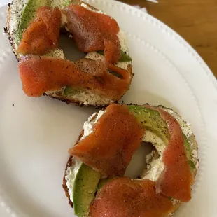 Everything bagel toasted with cream cheese, avocado, and lox