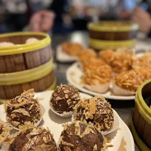 My two favorite: salted egg yolk mochi and deep fried shrimp balls