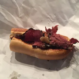 Pastrami on a fresh authentic Philly roll. Delicious! The only thing missing is the pickles!
