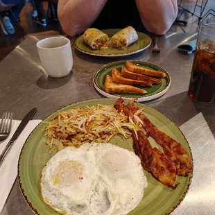 American style breakfast perfect eggs and a breakfast burro.