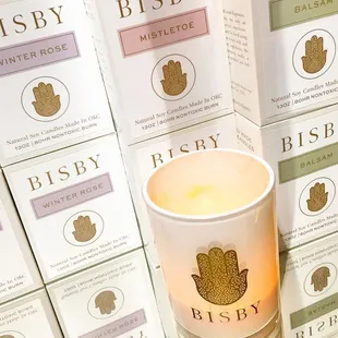 Bisby is Back! We are stocked on Bisby Candles.  Stop by our Showroom and shop today! Locally Owned #bisbycandles #winterrosecandle
