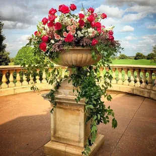 Wedding Florals. Roses, Stock, and Southern Smilax adorn the Terrace Pedestal Urn that served as the entry to a beautiful outdoor Wedding.