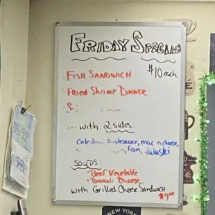 Friday Fish Fry Board; as they sell out, they erase items