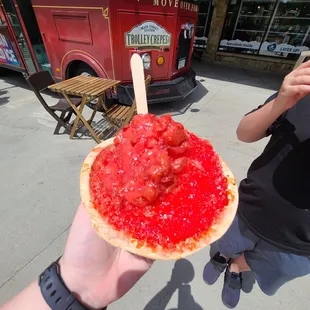 Hawaiian style bowl. Ice cream, snow cone, strawberries on top. Delicious!