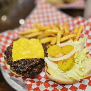 Super great!  Not all heroes wear caps...  Double cheese burger, and fries