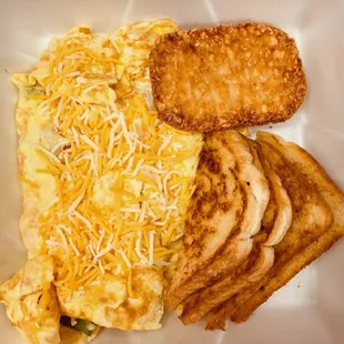 an omelet, toast, and toast