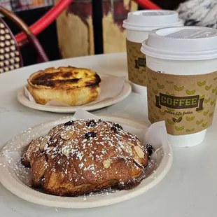 Chocolate almond croissant, Hatch Chile quiche and Kaladi lattes