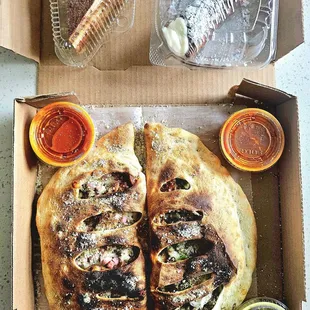 Top Left - Tiramisu  Top Right - Cannoli Bottom Left - Meat Lover Calzone Bottom Right - Deluxe Calzone