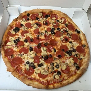 Large Cheese Pizza with pepperoni, mushrooms, and black olives.
