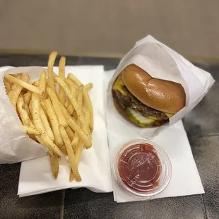 Double Classic burger with fries. The hospitality of the staff and tastefulness of the burger and crispy fries was excellent!