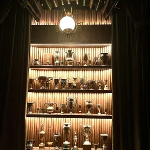 a display of trophies on a shelf